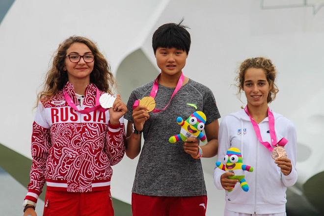 Left to right - Mariam Sekhposyan, Linli Wu, and Lucie Pianazza - Nanjing 2014 Youth Olympic Games © ISAF 